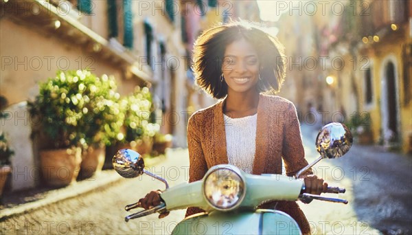 Stylish woman on a scooter on a European street, bathed in sunset light, blurry moody landscaped background with bokeh effect, AI generated