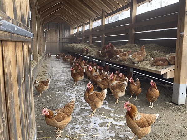 A view along the interior of a henhouse, lined with hens and wooden beams, AI generiert, AI generated