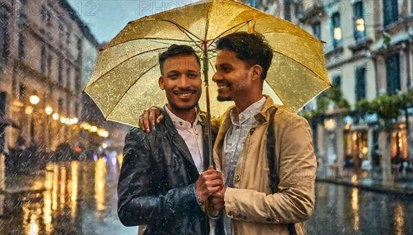 Two people sharing a warm embrace under an umbrella on a rainy urban street at night, AI generated