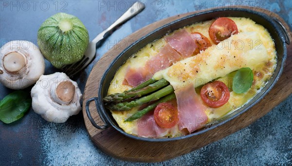Asparagus au gratin with ham and fresh tomatoes presented in an oval oven dish, asparagus gratin with green asparagus, cheese and ham, KI generated, AI generated