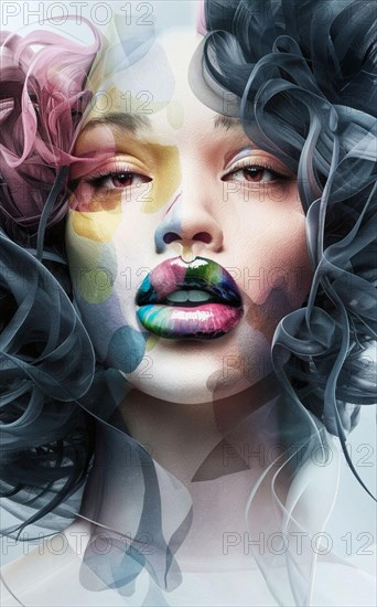 A dreamy portrait of a female with colorful artistic makeup and soft tones, Vertical digital portrait illustration, AI generated