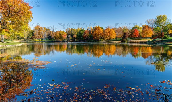 The lake adorned with colorful autumn foliage AI generated