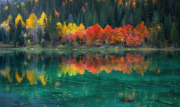 The vibrant colors of autumn reflected in the crystal-clear waters of the lake AI generated