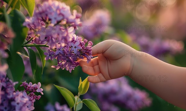 A child reaching out to touch a blooming lilac flower AI generated