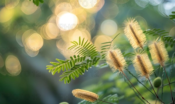 A close-up view of Mimosa seed pods against a blurred background of lush foliage AI generated