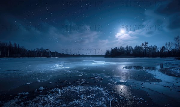 A frozen lake bathed in the soft glow of the moonlight AI generated