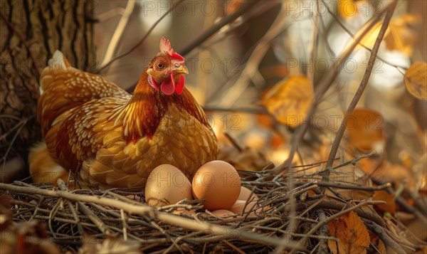 A hen guarding her freshly laid eggs in a nest AI generated