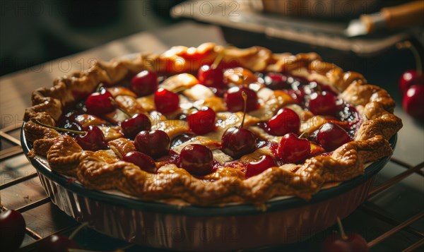 Closeup view of cherry pie with fresh cherries AI generated