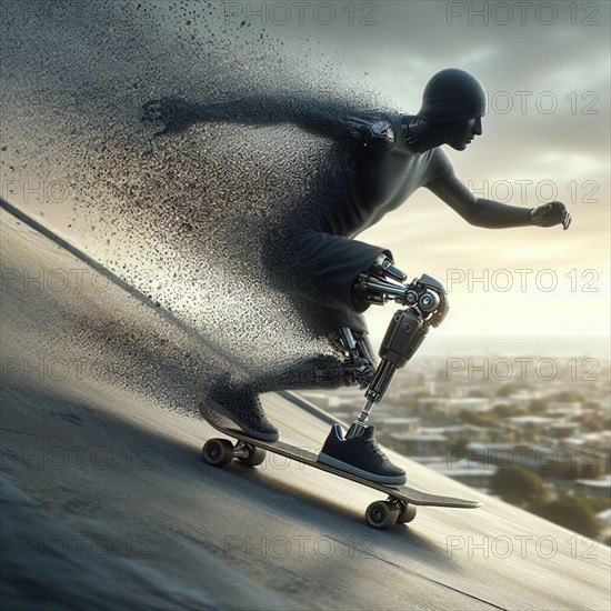 Athlete with bionic limb running with a dynamic shadow splash effect in an urban landscape, AI generated