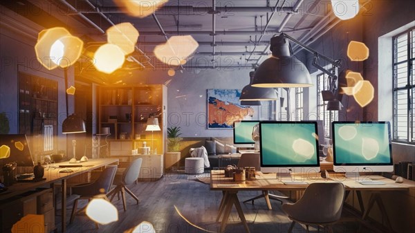 Comfortable office space featuring warm bokeh lights and a modern design, AI generated