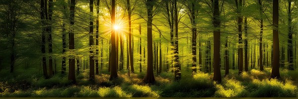 AI generated illustration of tranquil woodland composition awash in layers of diverse green tones sunlight spiraling and flickering