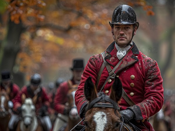 Traditional fox hunting with traditional clothing in England on horseback with dogs over hill and dale, AI generated