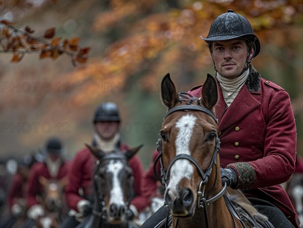 Traditional fox hunting with traditional clothing in England on horseback with dogs over hill and dale, AI generated