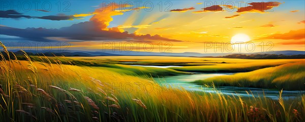 AI generated abstract painting of grasslands under a blazing sunset waves of greens