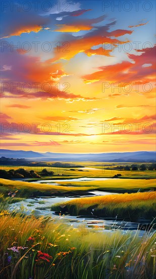 AI generated abstract painting of grasslands under a blazing sunset waves of greens
