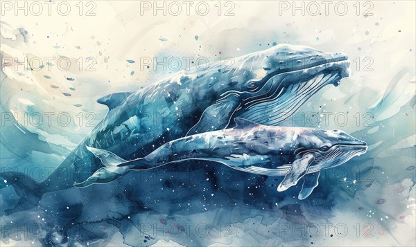 Watercolor illustration of mother whale with her calf in ocean AI generated