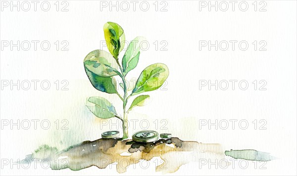 Watercolor illustration of money coins growing on a tree sprout AI generated