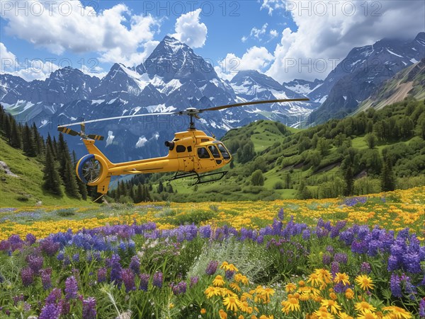 Ein gelber Hubschrauber landet auf einer blumenreichen Bergwiese mit schneebedeckten Gipfeln im Hintergrund, Rettungshubschrauber im Einsatz, AI generiert, AI generated