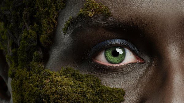 Enigmatic close-up of a woman with moss partially covering her face, growing and thriving, creating a mystical and enchanting effect, earth day concept, AI generated