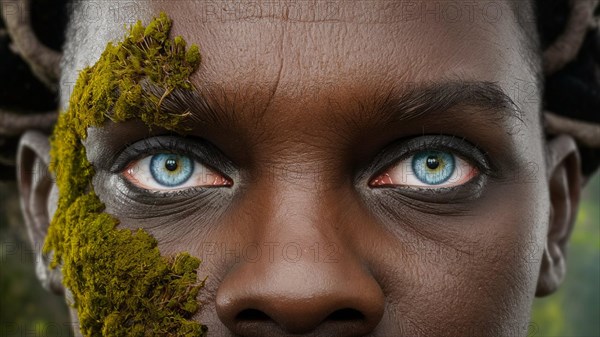 Close-up of a face with moss partially covering it, highlighting striking blue eyes, earth day concept, AI generated