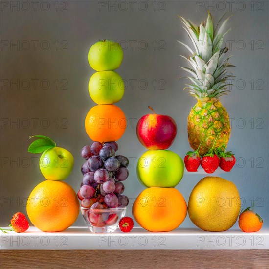 Creatively balanced tower of fruits with a pineapple top against a neutral grey background, AI generated