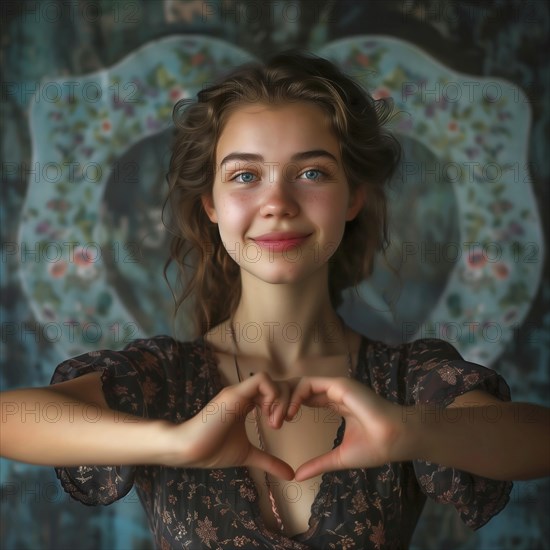 Woman forms a heart with her hands and gazes dreamily, AI generated