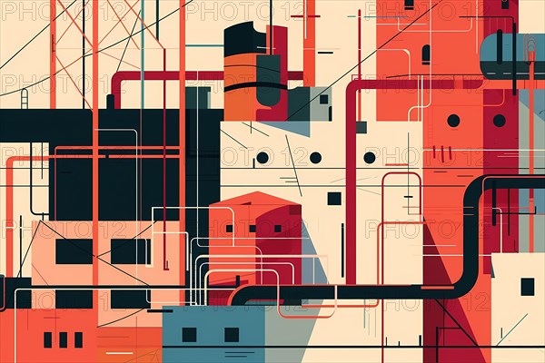 Complex abstract with industrial geometric shapes and pipes in bold colors, illustration, AI generated