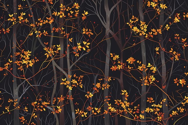 Trees with autumn leaves on a dark background, illustrating the colorful beauty of fall, illustration, AI generated