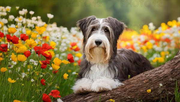 Ai generated, animal, animals, mammal, mammals, a, single animal, bobtail, (Canis lupus familiaris), dog, dogs, bitch, dog breed from England, a single animal, lies on a tree trunk, portrait, freontal