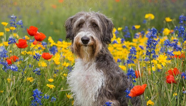 Ai generated, animal, animals, mammal, mammals, a, single animal, bobtail, (Canis lupus familiaris), dog, dogs, bitch, dog breed from England, a single animal, flower meadow