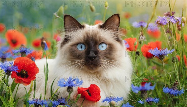 KI generated, animal, animals, mammal, mammals, cat, felidae (Felis catus), a cat lies in a meadow with cornflowers and poppies