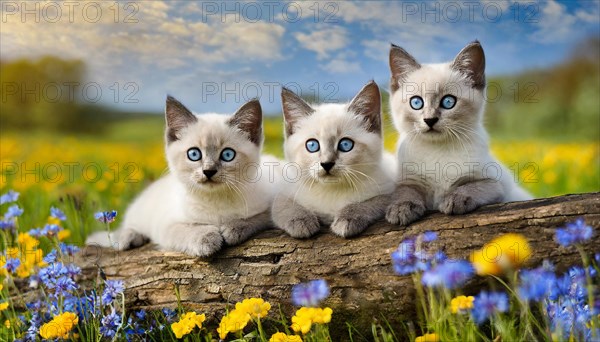 KI generated, animal, animals, mammal, mammals, cat, felidae (Felis catus), three cats resting on a tree, flower meadow