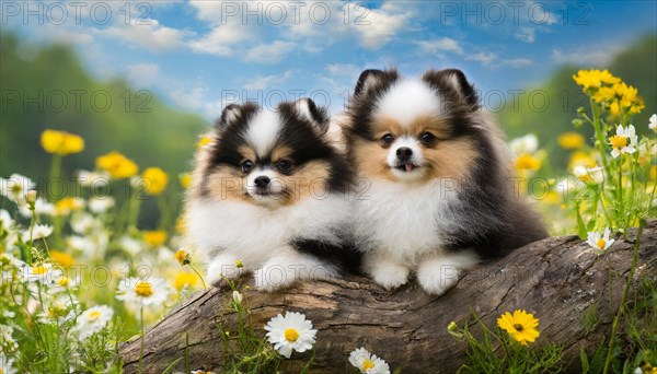 KI generated, animal, animals, mammal, mammals, one, single animal, dwarf spitz, Spitz, (Canis lupus familiaris), dog, dogs, bitch, Pomeranians, two colourful puppies lying on a tree trunk, autumn