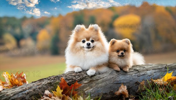 KI generated, animal, animals, mammal, mammals, one, single animal, dwarf spitz, Spitz, (Canis lupus familiaris), dog, dogs, bitch, Pomeranians, two young animals lying on a tree trunk, autumn