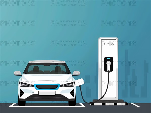 A white electric car charging at a Tesla station with a minimalistic style, illustration, AI generated