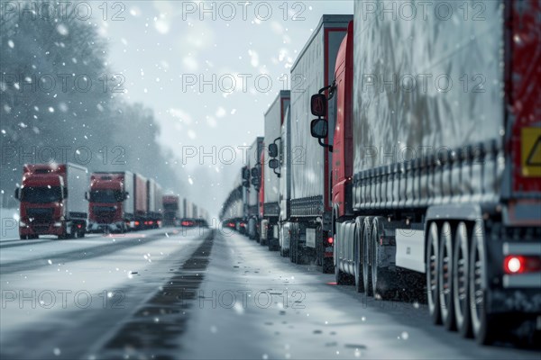 Traffic jam, congested motorway with many lorries and cars in winter, bad weather conditions, snow chaos, restricted visibility, AI generated, AI generated, AI generated