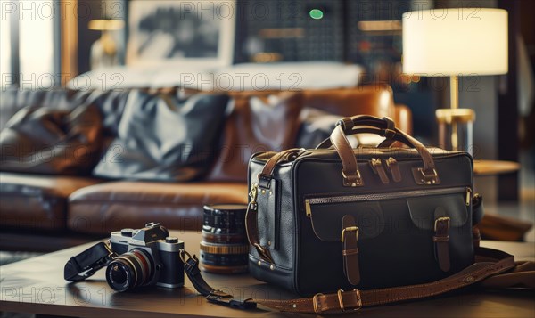 Leather bag on a table alongside photography equipment under a lamp AI generated