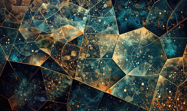 An abstract portrayal of geometric shapes and patterns against a starry sky with golden tones AI generated