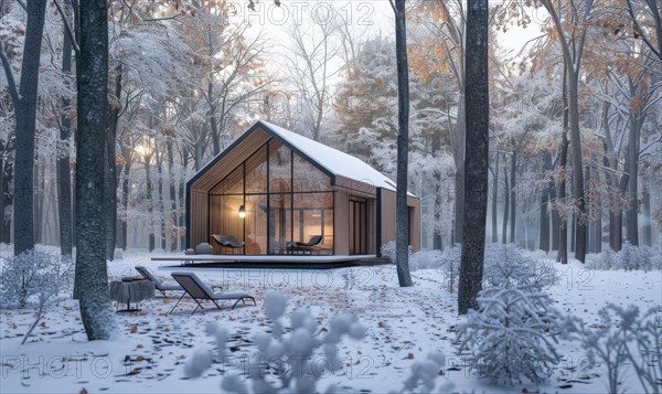 A minimalist modern wooden cabin surrounded by snow-covered trees in the winter forest AI generated