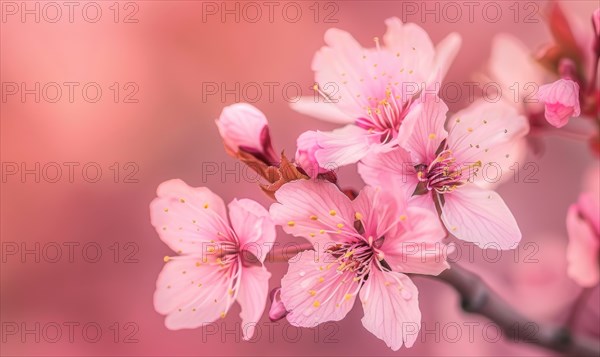 Blooming cherry blossom tree, closeup view, selective focus, bokeh AI generated