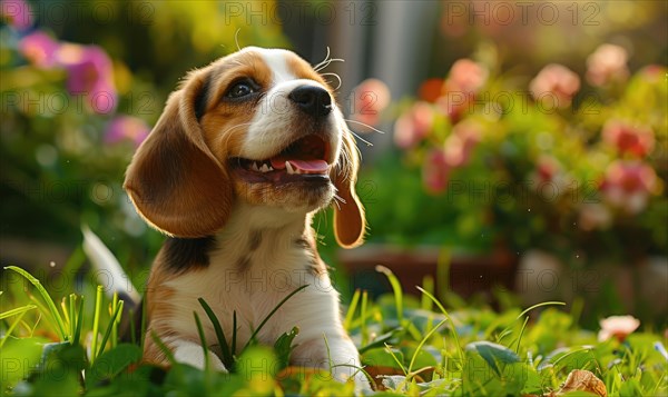 Happy Beagle puppy with floppy ears enjoying a sunny day in the garden AI generated