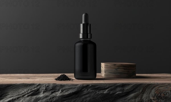 Matte black glass bottle mockup housing a premium quality beard oil enriched with natural oils and vitamins AI generated