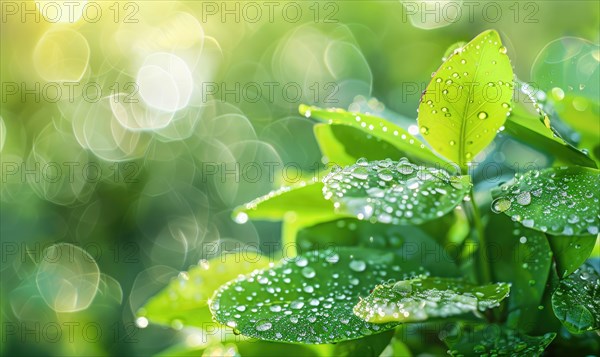 Raindrops on fresh green leaves, close up view of spring green leaves, nature background AI generated