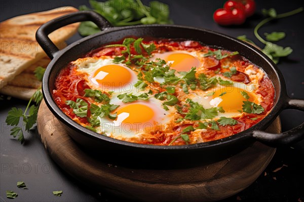 Sizzling Shakshuka in Cast Iron Skillet, AI generated