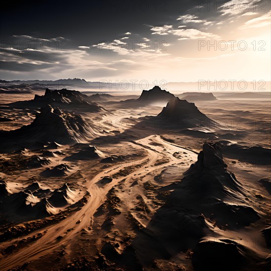 Patagonian desert landscape with powerful wind shaping landforms isolated rock formations, AI generated