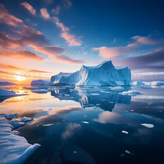 Antarctic ice shelf stretching to the horizon juxtaposed by towering icebergs, AI generated