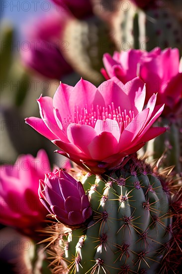 Prickly pear cactus blossoms in vibrant pink in the chihuahuan desert, AI generated