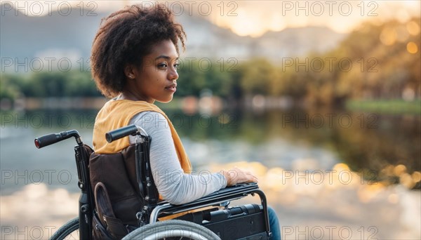 Serene woman in a wheelchair by a calm lake with mountains reflected in the water at sunset, AI generated