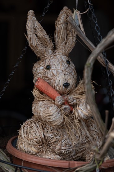 Straw wicker rabbit with carrot, sitting in front of a dark background as an Easter decoration, Germany, Europe