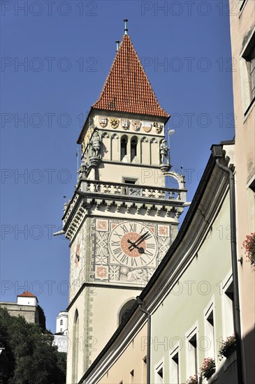 Town Hall Tower Old Town Hall, Passau, Historic tower with clock under a clear blue sky, Passau, Bavaria, Germany, Europe
